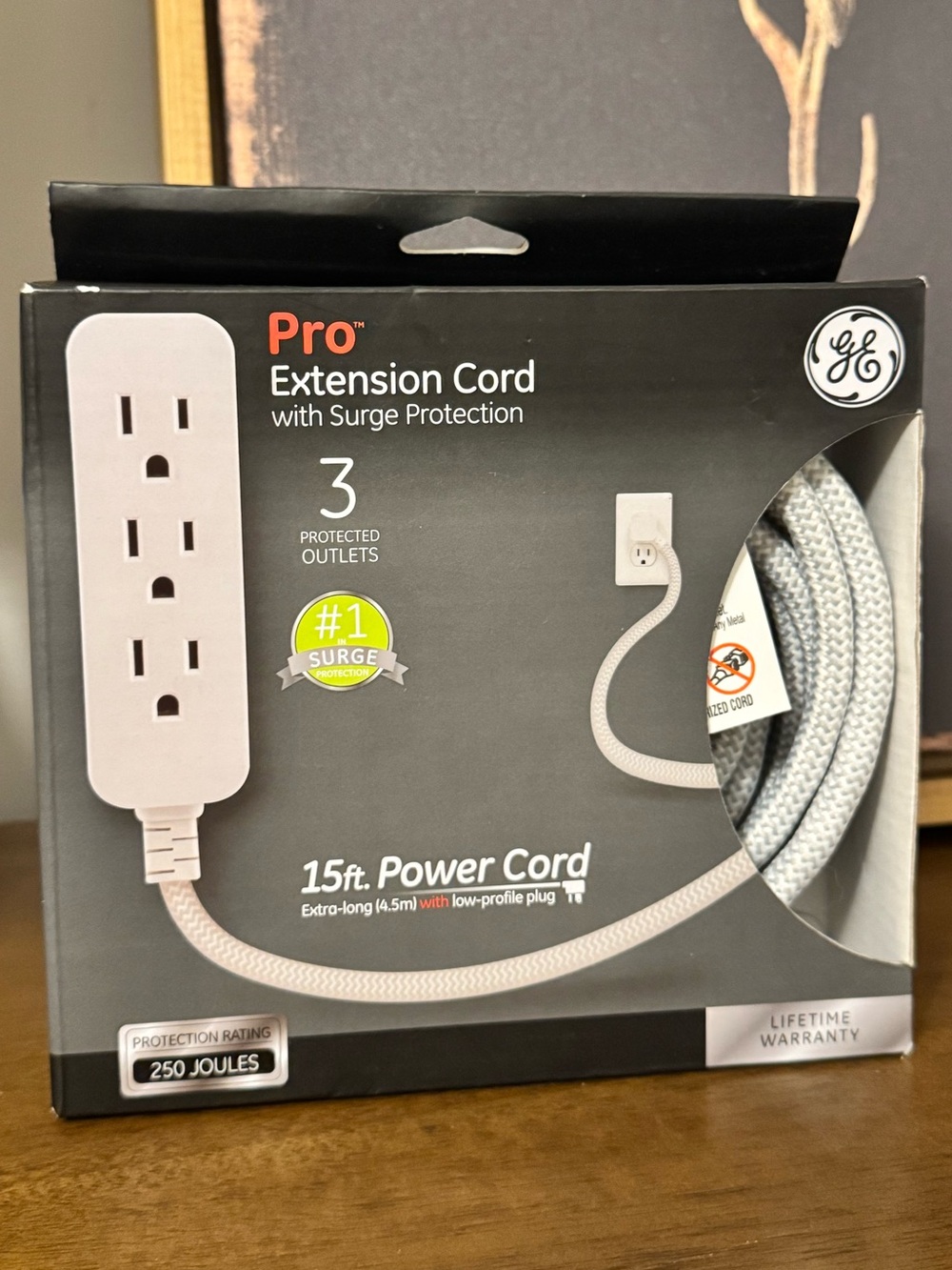NIB GE 15 ft Braided extension cord GROUNDED with 3 outlets